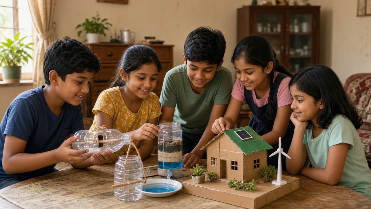 Indian children creating science inventions and eco-friendly models at home for the Young Innovators Challenge